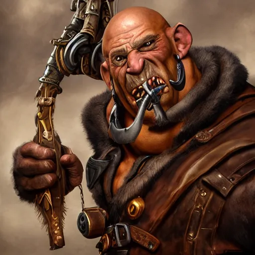 Image similar to portrait of a muscular, bald orc mechanic, wearing a heavy brown leather coat, wielding a wrench, tusks visible, steampunk and magic setting, Warcraft character, fantasy character, dramatic lighting, high detail, digital art by Ruan Jia