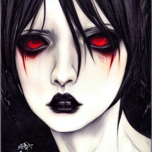 Image similar to a portrait of a character, black hair, dark eyes, dark, gothic, by Ayami Kojima, trending on pixv