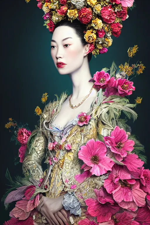 Prompt: a beautiful empress portrait, with a brilliant, impossible striking big flower headpiece, clothes entirely made out of flowers, garden backdrop, symmetrical, dramatic studio lighting, rococo, baroque, jewels, asian, hyperrealism, closeup, D&D, fantasy, intricate, elegant, highly detailed, digital painting, artstation, octane render, 8k, concept art, matte, sharp focus, illustration, art by Artgerm and Greg Rutkowski and Alphonse Mucha