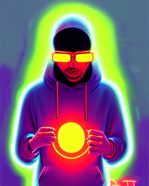 Prompt: edm art, pop art, hyper - realistic detailed portrait of a man in a hoodie, with neon visor, by atey ghailan, by greg rutkowski, by greg tocchini, by james gilleard, by joe fenton, by kaethe butcher, sharp focus