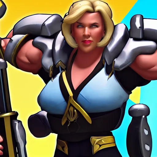 Image similar to a screenshot of arnold schwarzenegger as mercy in overwatch