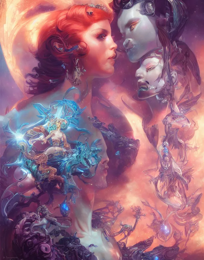 Image similar to beautiful gemini good and evil fantasy female character portrait, highly saturated colors, ultra realistic, wide angle, intricate details, the fifth element artifacts, holographic undertones, highly detailed by peter mohrbacher, hajime sorayama, wayne barlowe, boris vallejo, aaron horkey, gaston bussiere, craig mullins