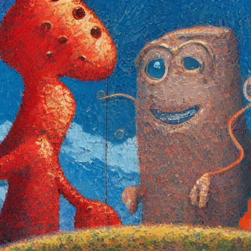 Prompt: a detailed impasto painting by shaun tan and dr seuss of an abstract forgotten sculpture by the caretaker and ivan seal