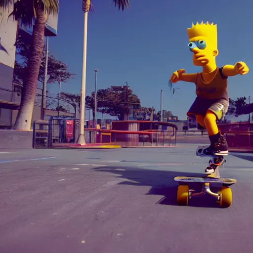 Image similar to (Bart Simpson) skateboarding at a playground in Night City Cyberpunk 2077, muted cyberpunk style, tranquil, desolate, atmospheric, hazy, sweltering, autochrome, 8k, reflections, octane render, unreal engine 5