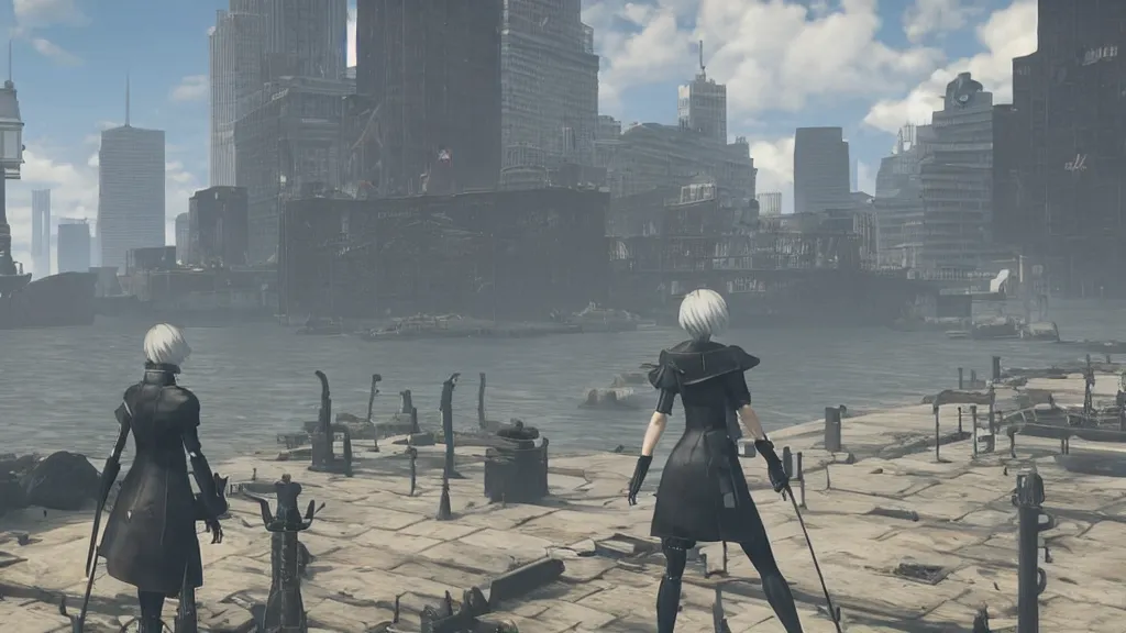 Image similar to Screenshot from Nier Automata, near the Statue of Liberty