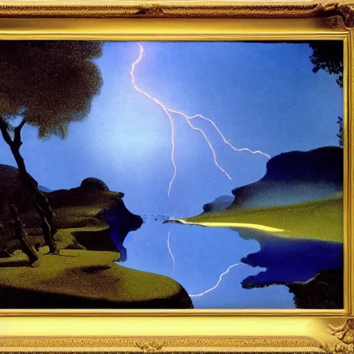 Prompt: river full of lightning, full moon, maxfield parrish, salvador dali