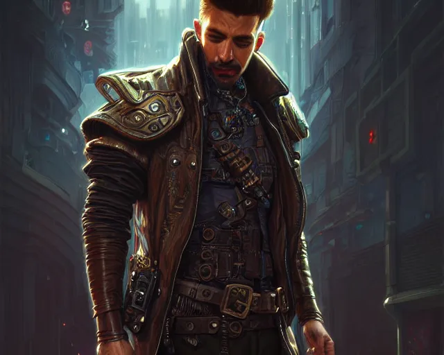 Image similar to highly detailed photorealistic man with a cyberpunk leather jacket, deep focus, d & d, fantasy, intricate, elegant, highly detailed, digital painting, artstation, concept art, matte, sharp focus, illustration, hearthstone, art by artgerm and greg rutkowski and alphonse mucha