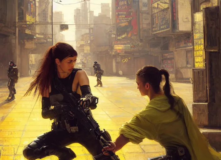 Image similar to Maria defeats sgt Nash. Cyberpunk hacker wearing yellow fighting menacing police troopers (blade runner 2049, cyberpunk 2077). beautiful face. Orientalist portrait by john william waterhouse and James Gurney and Theodore Ralli and Nasreddine Dinet, oil on canvas. Cinematic, hyper realism, realistic proportions, dramatic lighting, high detail 4k