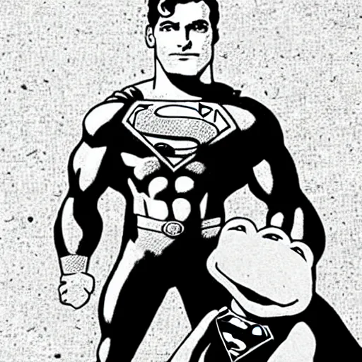 Prompt: superman holding kermit the frog by the throat, floating, superheroes, comic