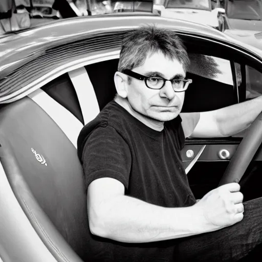 Prompt: steve albini in a bugatti, portrait, by martin parr