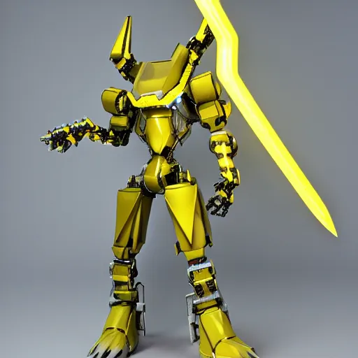 Prompt: anthro mecha silver dragon holding a yellow neon sword