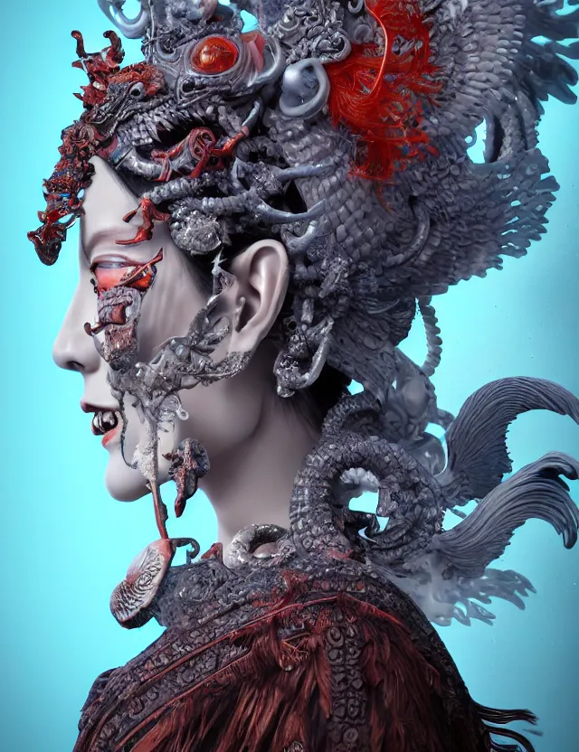 Image similar to 3 d goddess of hell close - up profile portrait with ram skull. beautiful intricately detailed japanese crow kitsune mask and clasical japanese kimono. betta fish, jellyfish phoenix, bio luminescent, plasma, ice, water, wind, creature, artwork by tooth wu and wlop and beeple and greg rutkowski