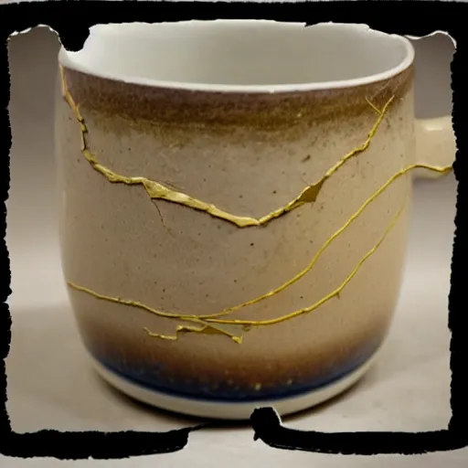 Prompt: a photo of a kintsugi repaired mug, gold repair, high detail,