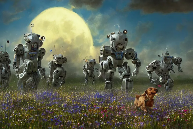 Prompt: robot dogs playing in a field of flowers, blue sky, huge moons by phil foglio and greg rutkowski and james gurney, trending on artstation, hdr, highly detailed