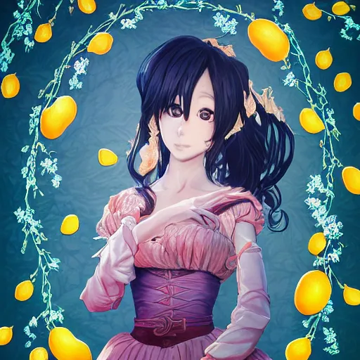 Image similar to the portrait of an absurdly beautiful, graceful, elegant, sophisticated, young teen anime girl made up of lemons looking up, an ultrafine hyperdetailed illustration by kim jung gi, irakli nadar, intricate linework, bright colors, octopath traveler, final fantasy, unreal engine 5 highly rendered, global illumination, radiant light, detailed and intricate environment