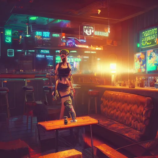 Image similar to a high quality portrait of a beautiful stunning pirate in a cyberpunk cyberpunk cyberpunk cafe, realism, 8k, award winning photo