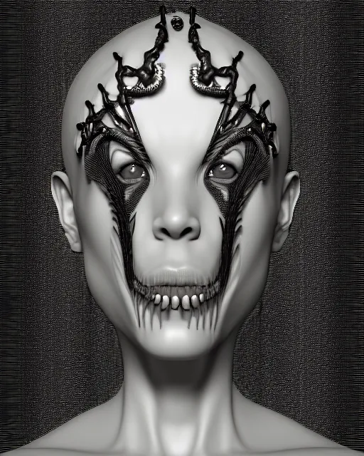 Prompt: a black and white 3D render of a young beautiful female queen-dragon-cyborg bust with a very long neck and Mandelbrot fractal face, Mandelbrot fractal skin, flesh, anatomical, facial muscles, veins, arteries, elegant, highly detailed, flesh highly baroque ornate, hair are cable wires, elegant, high fashion, rim light, octane render, in the style of H.R. Giger, Realistic, Refined, Digital Art, Highly Detailed, Cinematic Lighting, rim light, black and white, photo-realistic, 8K