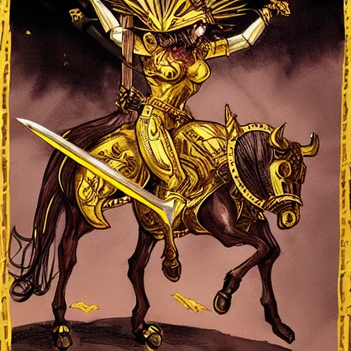 Prompt: barbarian woman in gold armour atop a huge steed leans down and slashes at a demon with her sword