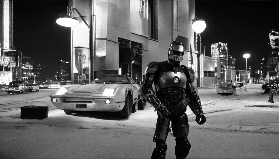 Image similar to peter weller in robocop costume, standing under a street lamp at night in downtown future detroit. leaning against a futuristic police car. criterion collection, movie still. 7 0 mm. imax. film.