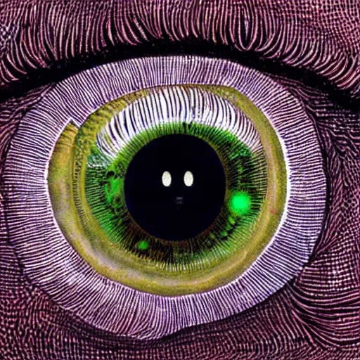 Image similar to an gothic, cosmic horror eyeball made out of hundreds of smaller eyeballs in a dark, atmospheric painting