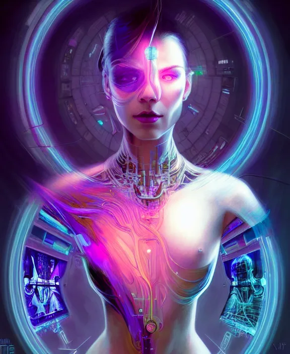 Image similar to a whirlwind of souls rushing inside the metaverse, hologram, half body, neurochip, shaved temple, piercing, jewelry, android, cyborg, cyberpunk face, by loish, d & d, fantasy, intricate, elegant, highly detailed, colorful, digital painting, artstation, concept art, art by artgerm and greg rutkowski and alphonse mucha