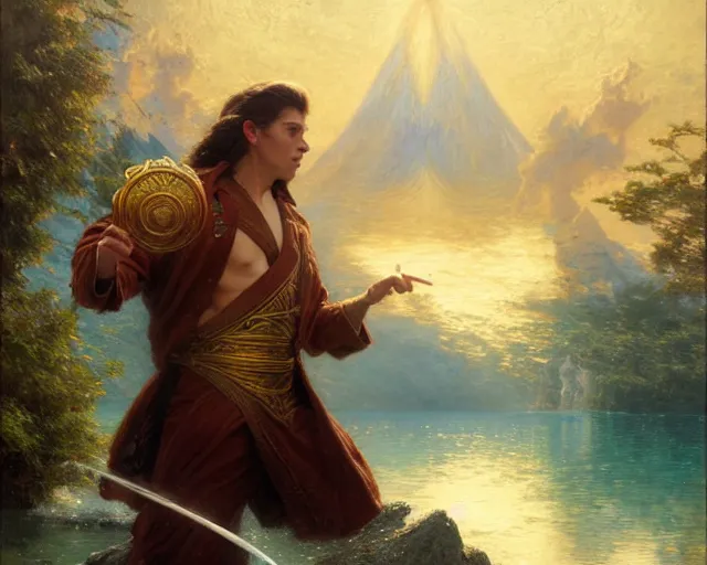 Image similar to attractive male wizard casting powerful tsunami wave spell in a beautiful lake. highly detailed painting by gaston bussiere, craig mullins, j. c. leyendecker 8 k