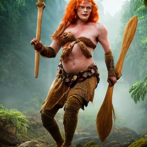 Image similar to a ginger dwaven women wielding a hammer and shield emerges from a hostile jungle. Before her lays an awesome floating mountain in the shape of a human heart. 4k realism