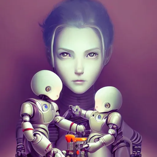 Prompt: a robot mother and her robot children. beautiful clear well composed image. it is painted in the style of newborn photography by artgerm and greg rutkowski and ilya kuvshinov.