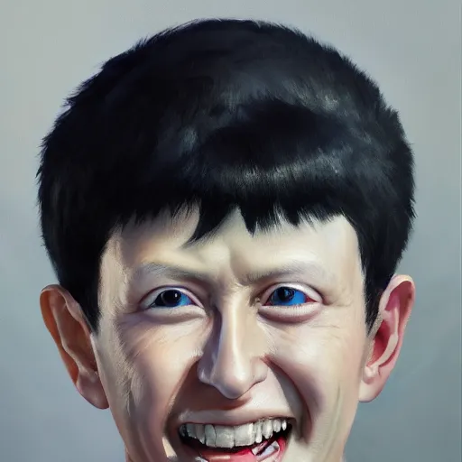 Image similar to hyper realistic, surreal, portrait of mob psycho smiling, shigeo kageyama painted by greg rutkowski, wlop, loish,