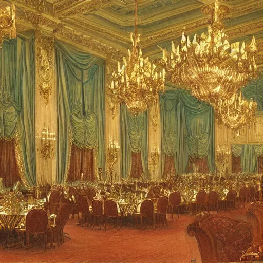 Prompt: opulent anglocore ballroom with tall ceilings and tall windows, overflowing feast buffet table, gentleman's club lounge, french provincial furniture, crowd eating and smoking pipes, incandescent lighting, fancy drapery on furniture, palace, victorian, rococo, french, english, monarchy, by Mucha