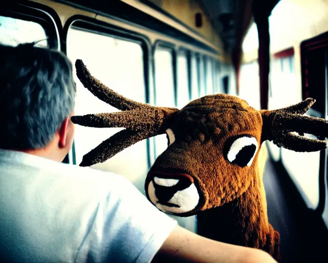 Image similar to a lomography photo of rumble between two human with deer head in soviet train this morning, bokeh,