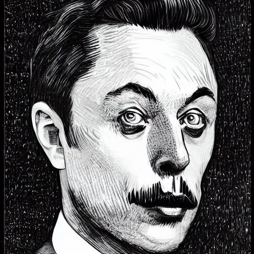 Image similar to portrait of elon musk, caricature,, mashup between mc escher and vincent van gogh