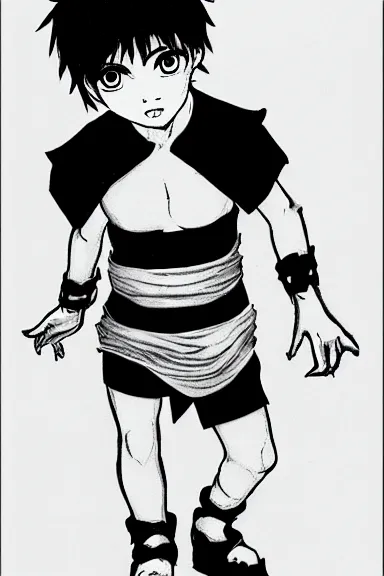 Image similar to attractive little boy wearing an ninja suit, black and white artwork made by kentaro miura