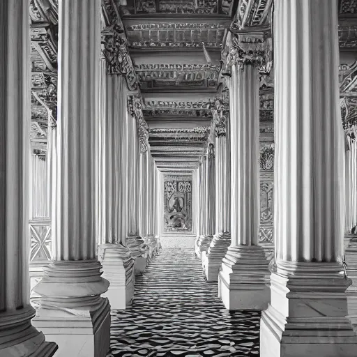 Image similar to interior of a white marble labyrinth in ornate renaissance style carving. symmetry columns, architectural photograph, sharp focus