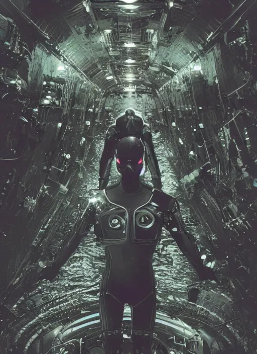 Prompt: astronauts in dark and empty void underwater - complex and hyperdetailed suit. reflection and dispersion materials. rays and dispersion of light. volumetric light. 5 0 mm, f / 3 2. noise film photo. flash photography. ultra realistic, wide angle. poster by wayne barlowe, hajime sorayama aaron horkey, craig mullins. dark key.