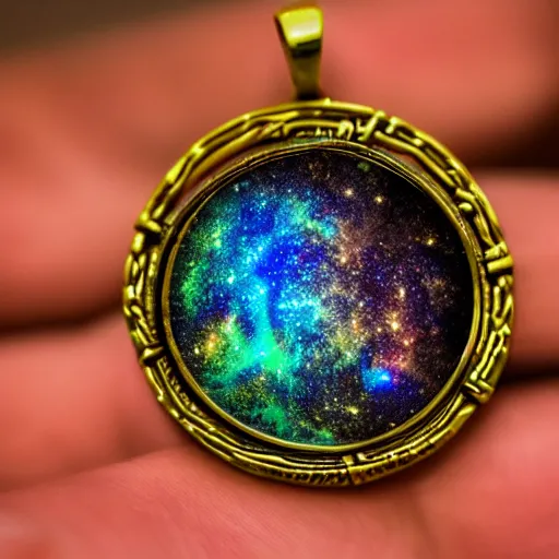 Prompt: close up on a pendant containing a galaxy full of life, 8k, macro lens, surrealistic art, vivid colors