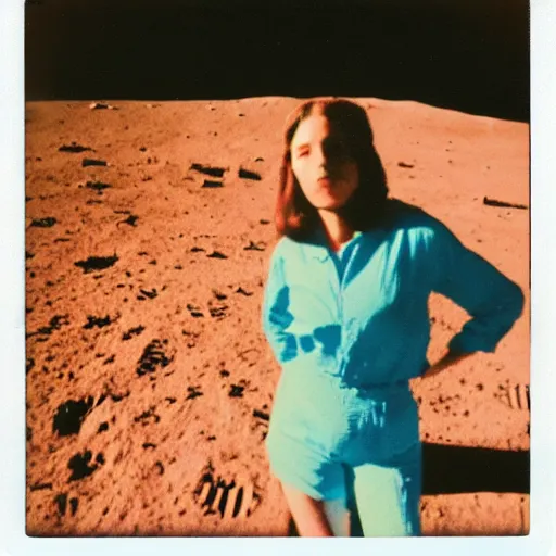 Prompt: vintage polaroid photo of a beautifuk young woman on the moon, the earth visible in de background, warm azure tones, red color bleed, film grain