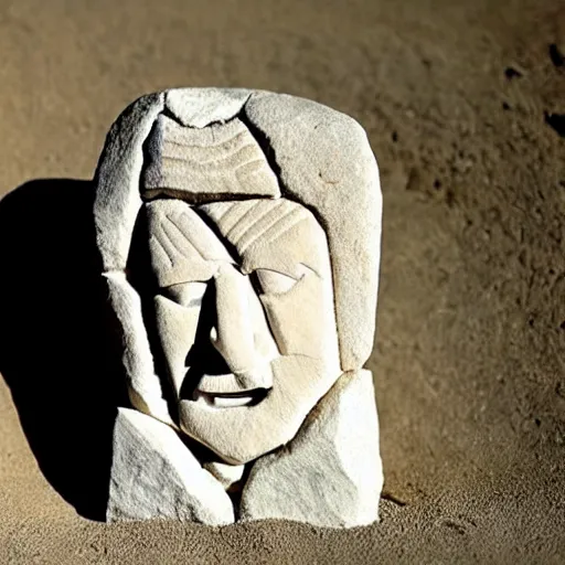 Prompt: stone carving of Donald Trump. ancient cave markings. 8000 years old.