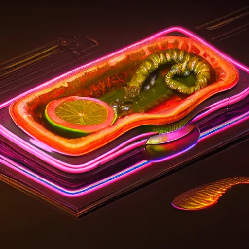 Prompt: ultradetailed still - life aspic on plate insanely detailed, octane render, cgsociety cyberpunk, neon, vaporwave 4 k, 8 k, hyper realism scary, alluring, coveted