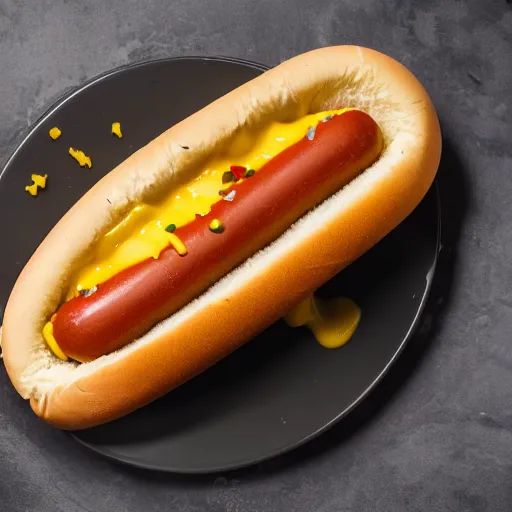 Image similar to A delicious hot dog on a plate, garnish, melted cheese, relish, mustard, chili, food photography, michelin star