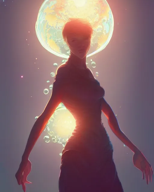 Image similar to highly detailed vfx woman holding a sphere of water in her hands, stephen bliss, unreal engine, greg rutkowski, loish, rhads, beeple, makoto shinkai and lois van baarle, ilya kuvshinov, rossdraws, tom bagshaw, alphonse mucha, global illumination, detailed and intricate environment