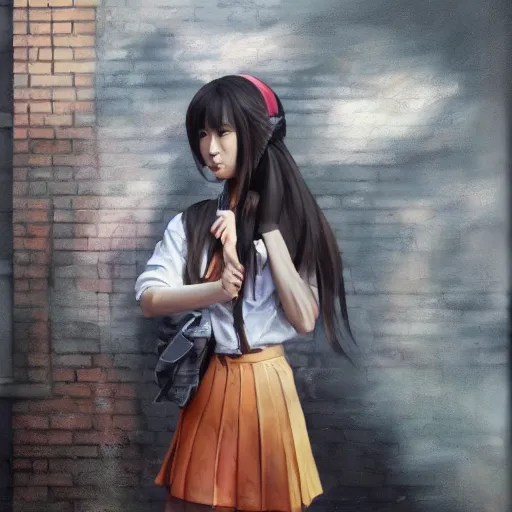 Image similar to a perfect, realistic professional oil painting of a Japanese schoolgirl posing in a dystopian alleyway, style of Marvel, full length, by a professional American senior artist on ArtStation, a high-quality hollywood-style concept