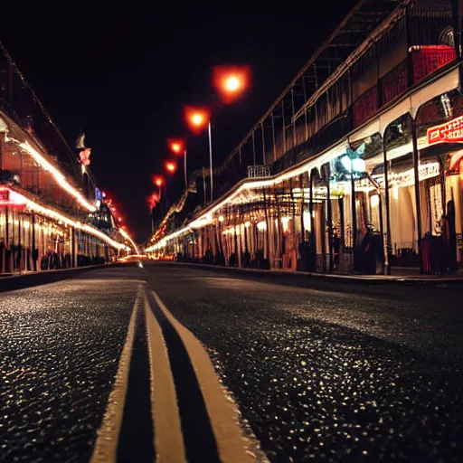 Prompt: golf carts driving down bourbon street in new orleans at night. cinematic lighting