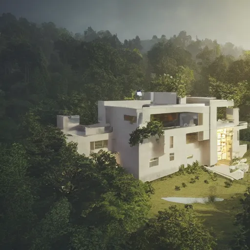 Image similar to beige rectangular house with big central atrium, on a hill surrounded by big trees, dramatic lighting, artstation, matte painting, raphael lacoste, simon stalenhag, frank lloyd wright, zaha hadid, drone view