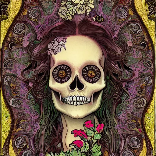 Image similar to detailed rotten woman skull corpse with fractal plants and fractal flowers and mushrooms growing around, symmetrical, ornate, ornamentation, illustration, in the style of art nouveau, mucha