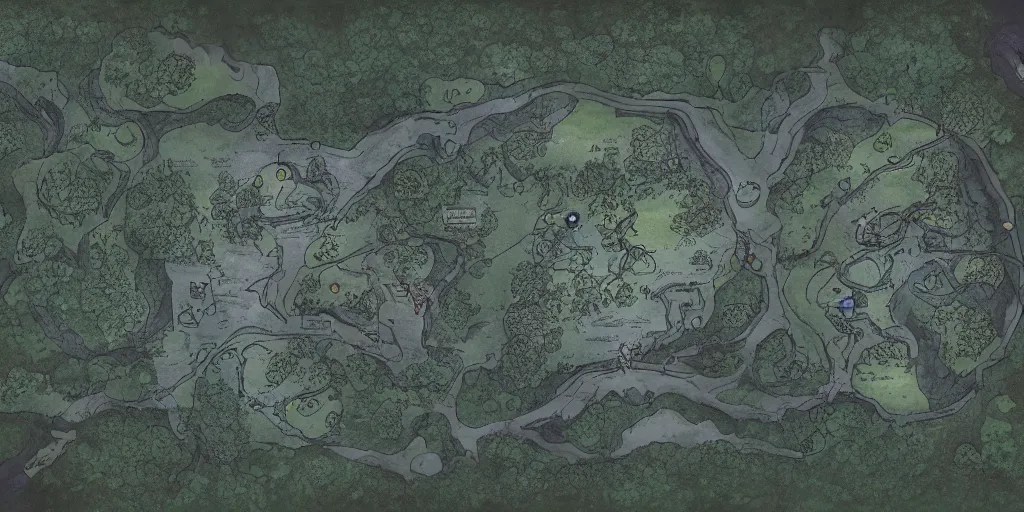 Image similar to a ttrpg map of a moonlit clearing in the woods, gridless, beautiful, 8 k, high quality digital art