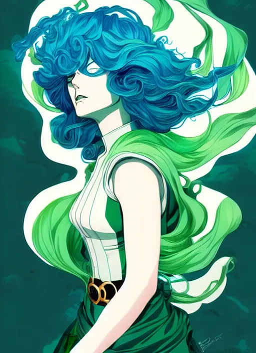 Image similar to style artgerm, joshua middleton, tatsumaki one punch man with green dress, very long blue hair, swirling water swirling, symmetrical face, symmetrical eyes, steampunk cyberpunk,, cinematic lighting