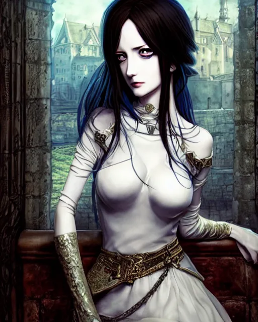 Prompt: anime character portrait of eva green with gorgeous detailed eyes in a castle, color page, tankoban, 4 k, tone mapping, doll, akihiko yoshida, james jean andrei riabovitchev marc simonetti, yoshitaka amano, maidenly