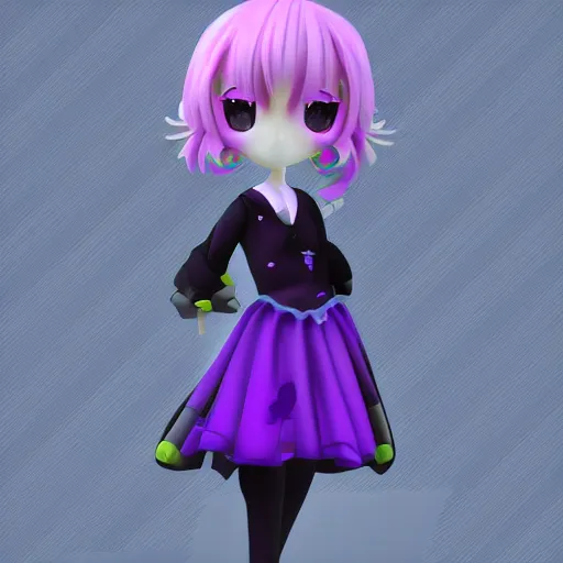 Image similar to cute fumo plush of a girl in a purple and black dazzle pattern dress, anime, character silhouette, edge glow, cel shaded pbr, vray