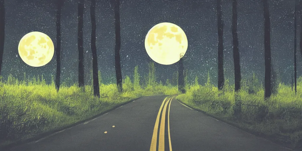 Image similar to night, road between tall trees, dense forest, dark night, moon, in style of disney cartoon